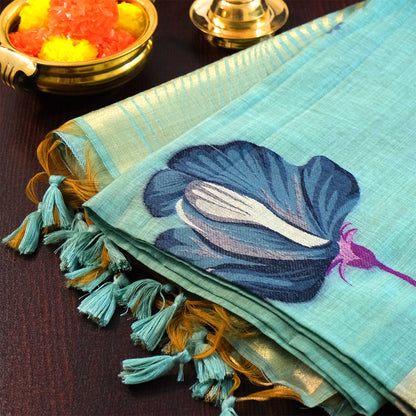 Resham Tussar in aqua blue linen-cotton base