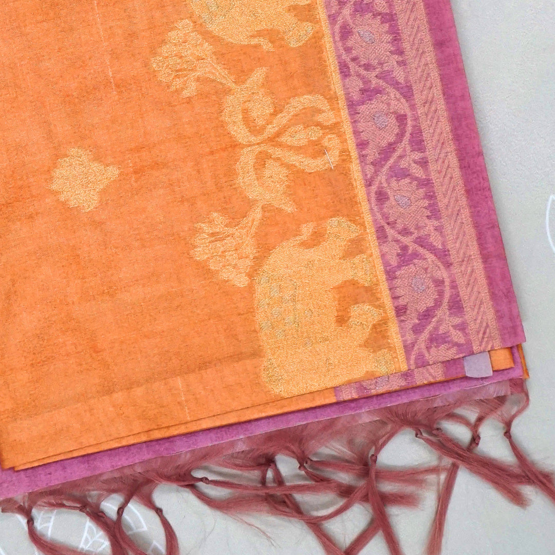 Golden Amber Ambari Silk Saree with Dusky Mauve border and Zari works.