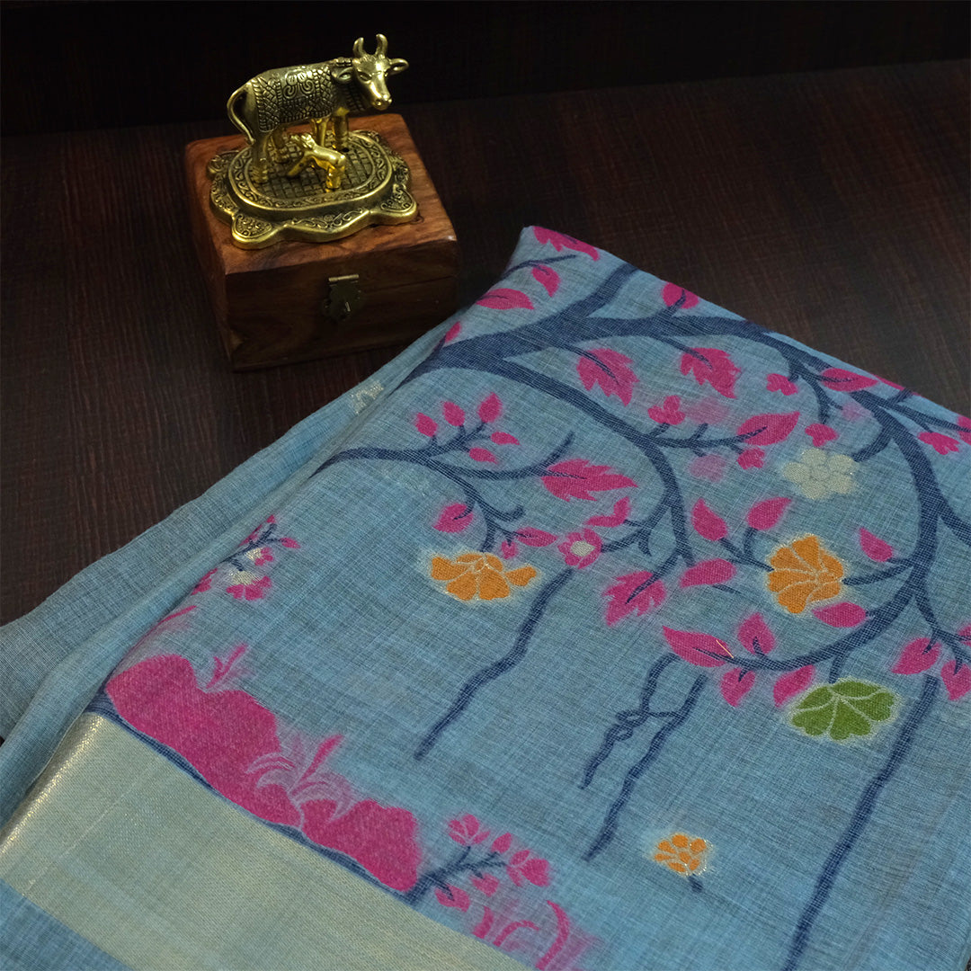 Varnica Tussar Soft pastel blue shade with a subtle sheen