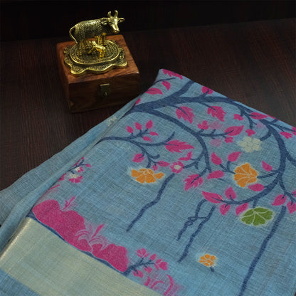 Varnica Tussar Soft pastel blue shade with a subtle sheen