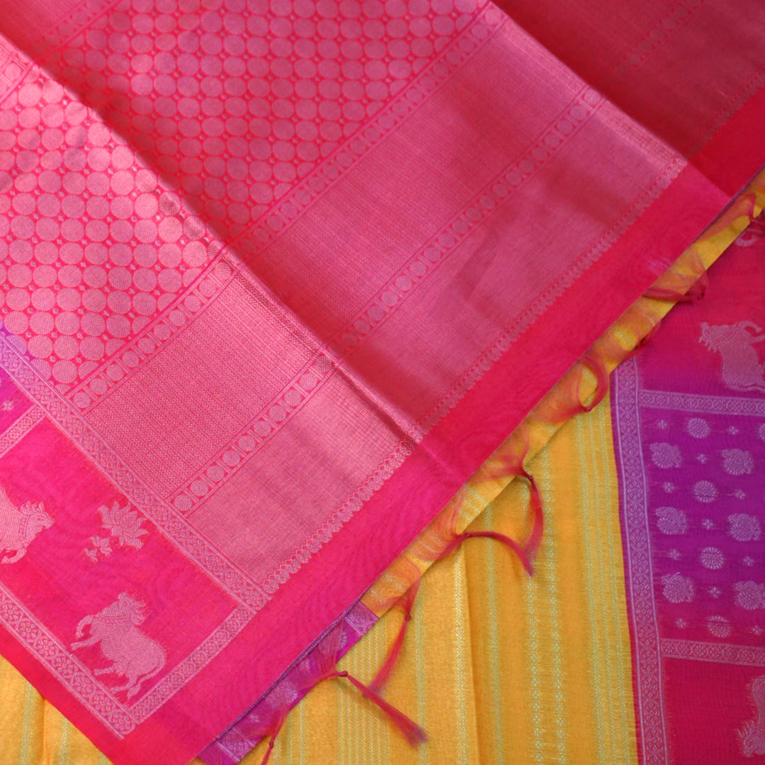 Mustard yellow Gokul Tussar with pink border