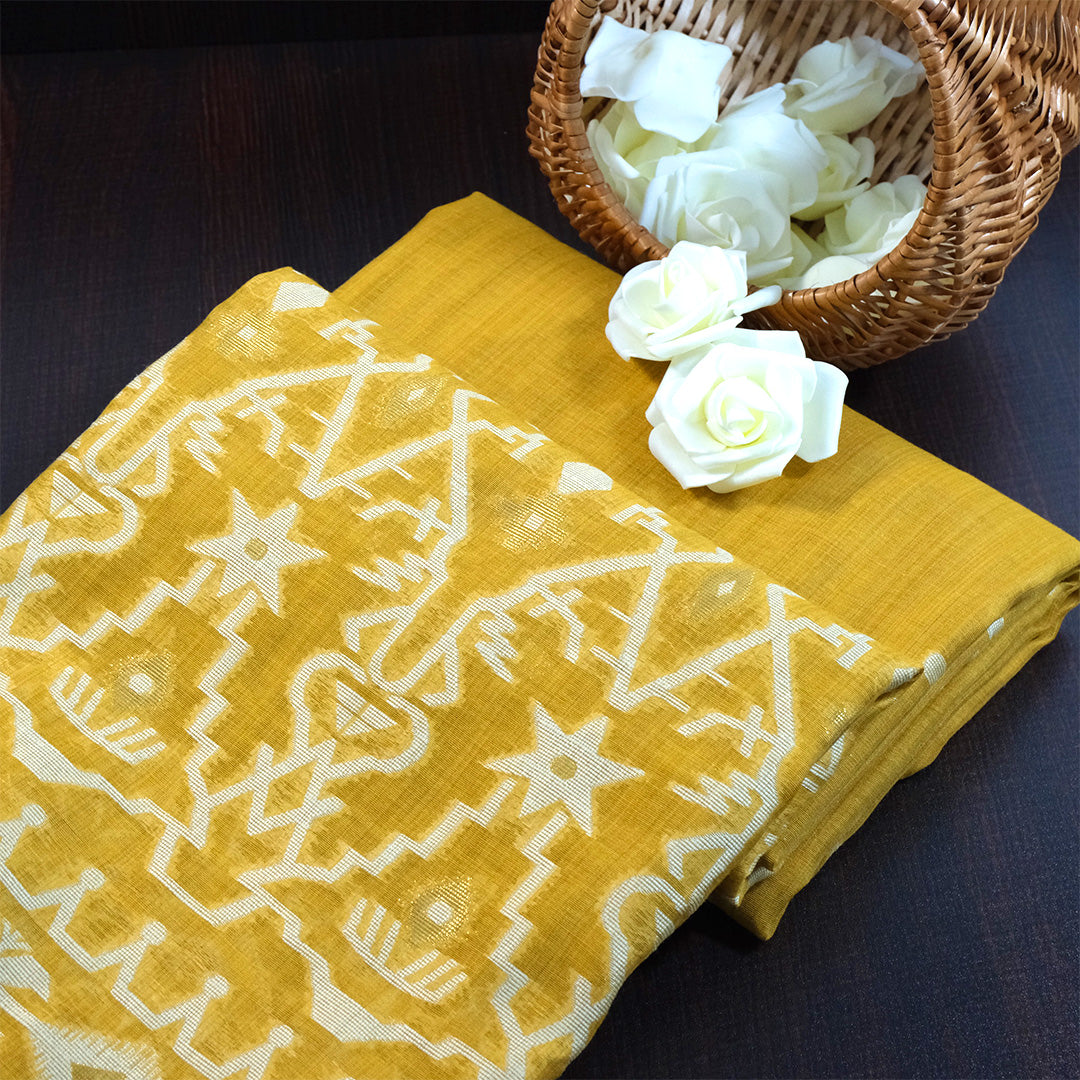 Monisha Tussar Rich mustard yellow shade with a soft matte tussar silk texture