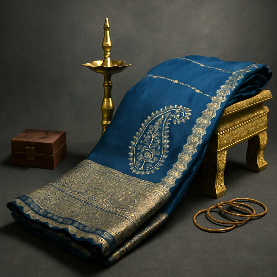 Ratnalekha silk saree in rich teal-blue base adorned with intricate gold zari work,