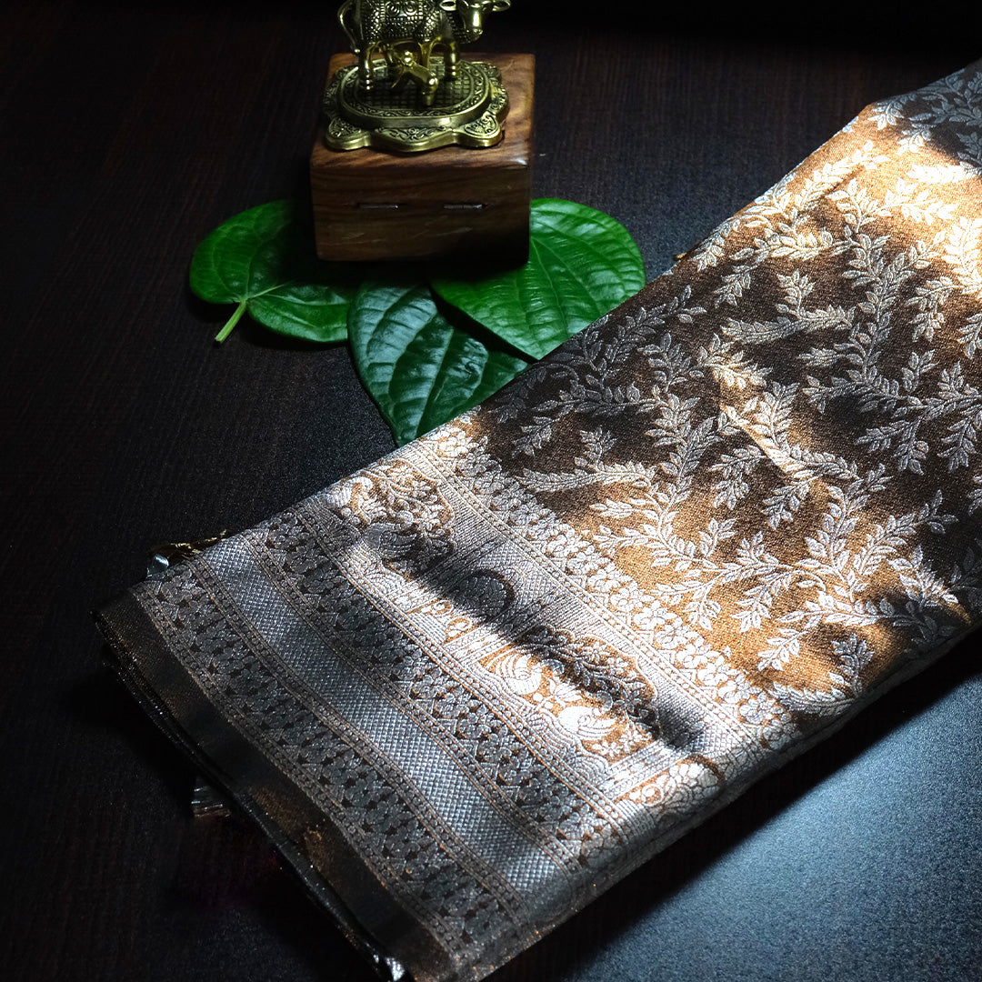 Thara Silk in Rich Chocolate Brown Base with Floral works