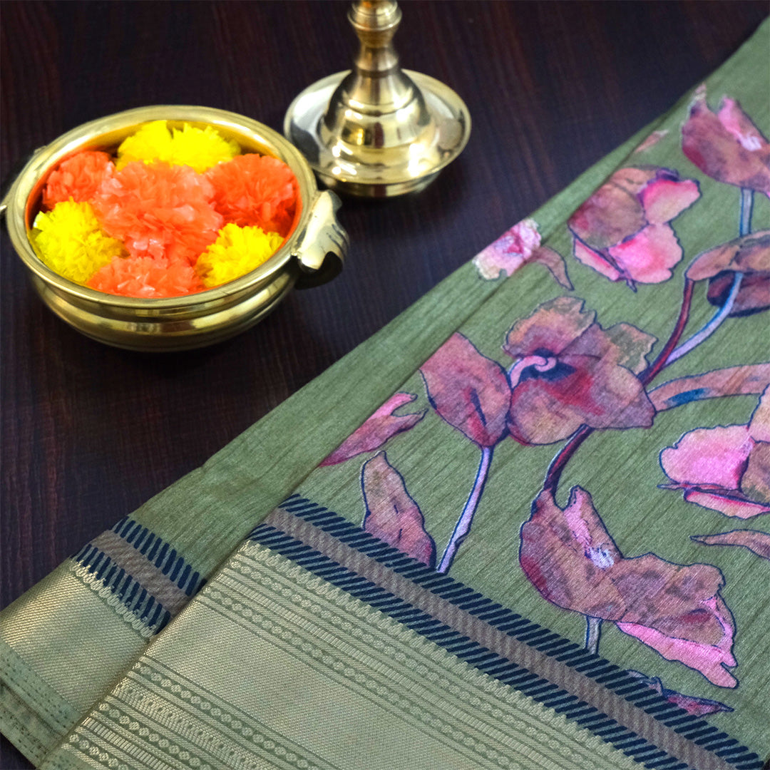 Kusum Silk in Olive Green Base with Floral prints