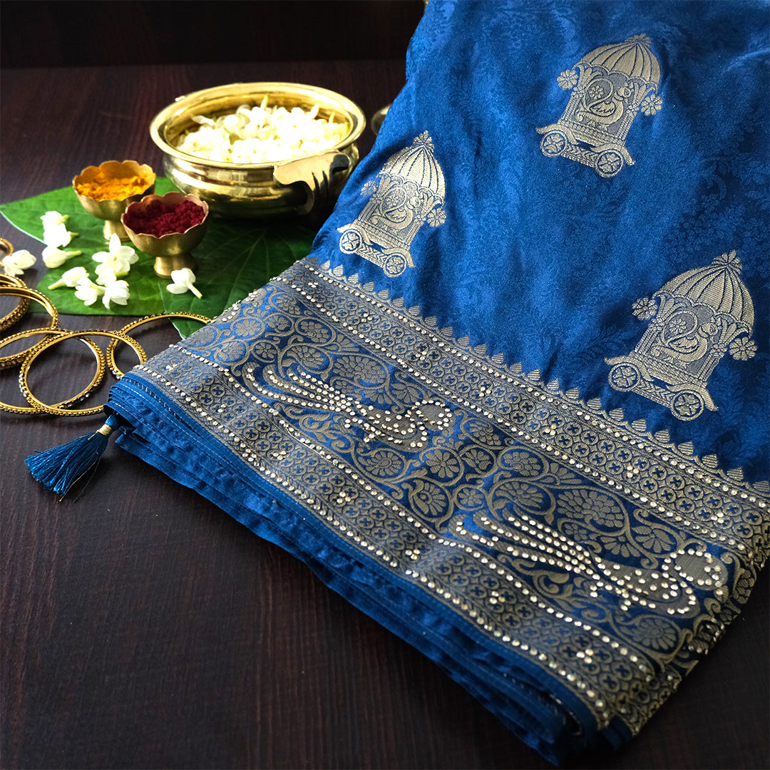 Royal Ratha Banarasi Silk in rich royal blue shade, beautifully complemented with silver zari motifs