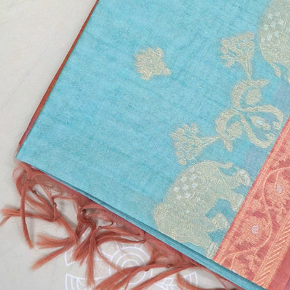 Aqua Blue Ambari Tussar with Rust border