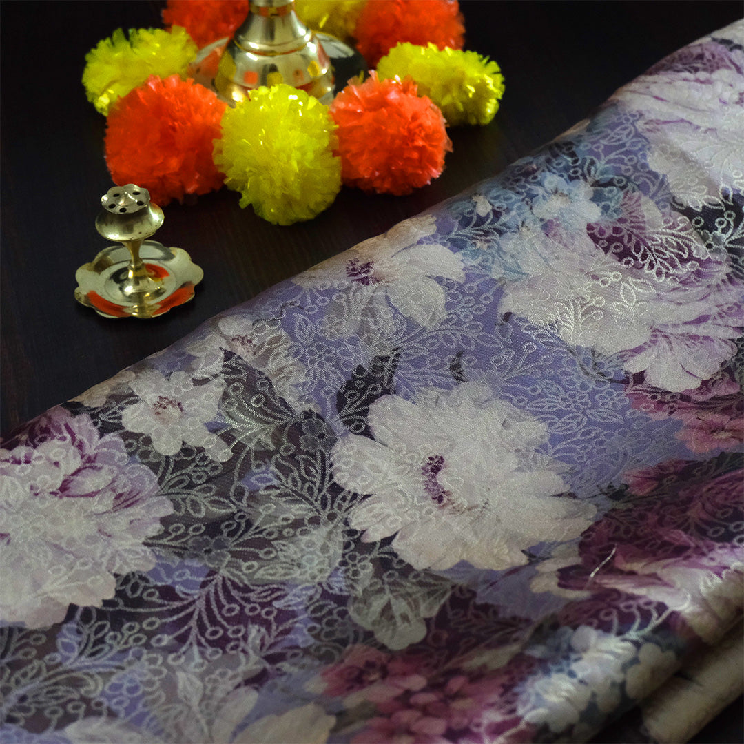 Silk Satin Soft lavender-grey shade with a floral pattern in hues of cream, beige, and deep mauve.