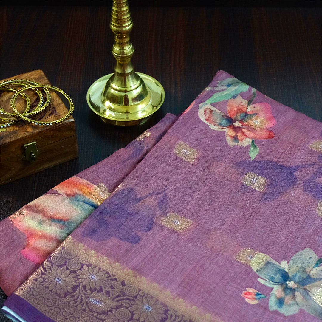 Hirakshi Silk in Mauve - Plum base with floral prints