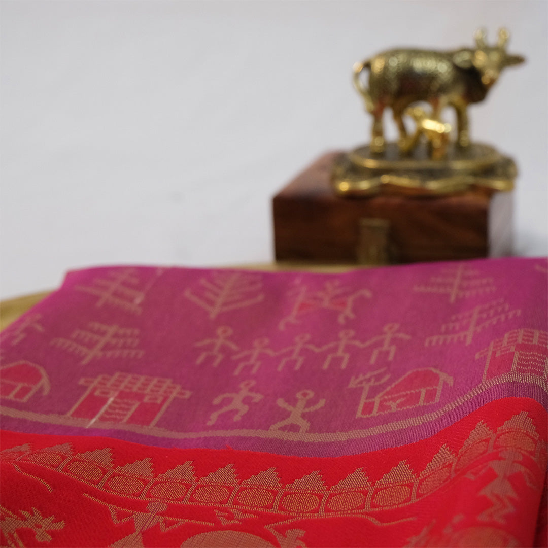 Crimson Red Stravi Silk with lavender - pink pallu and Gold Zari