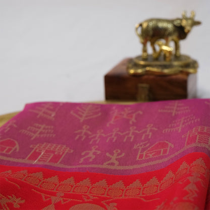 Crimson Red Stravi Silk with lavender - pink pallu and Gold Zari