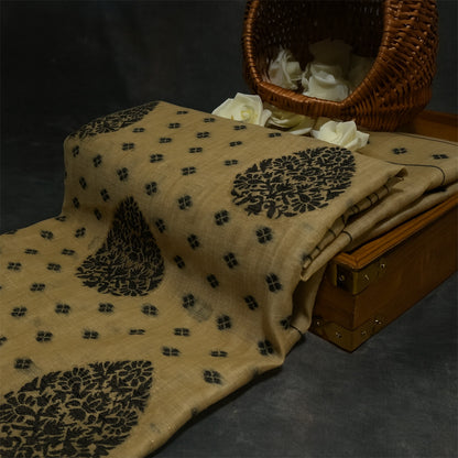 Beige Ishvani Tussar saree with black tassels