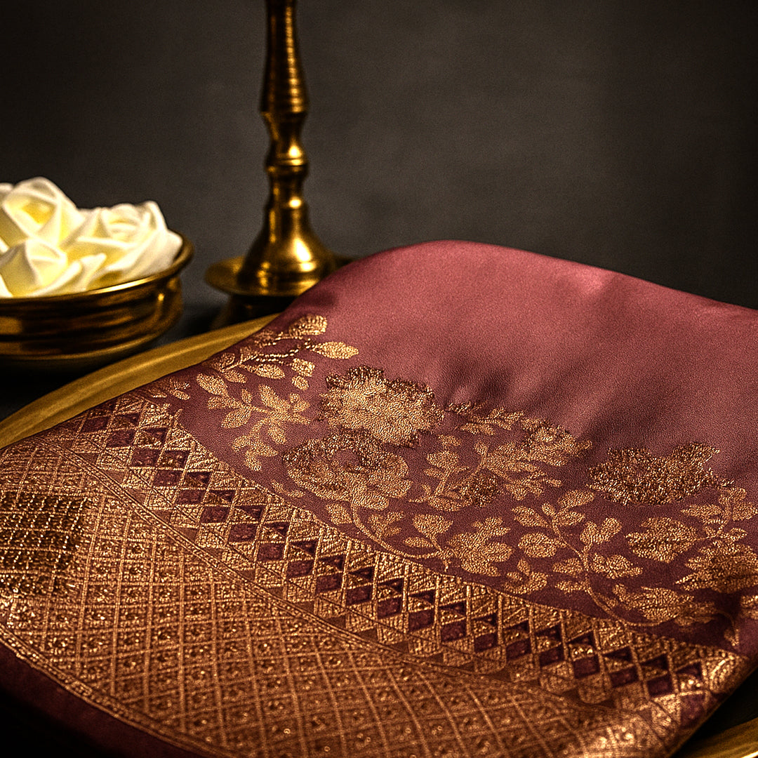 Deep Wine Madhur Sangam Silk saree with Gold and Copper Zari