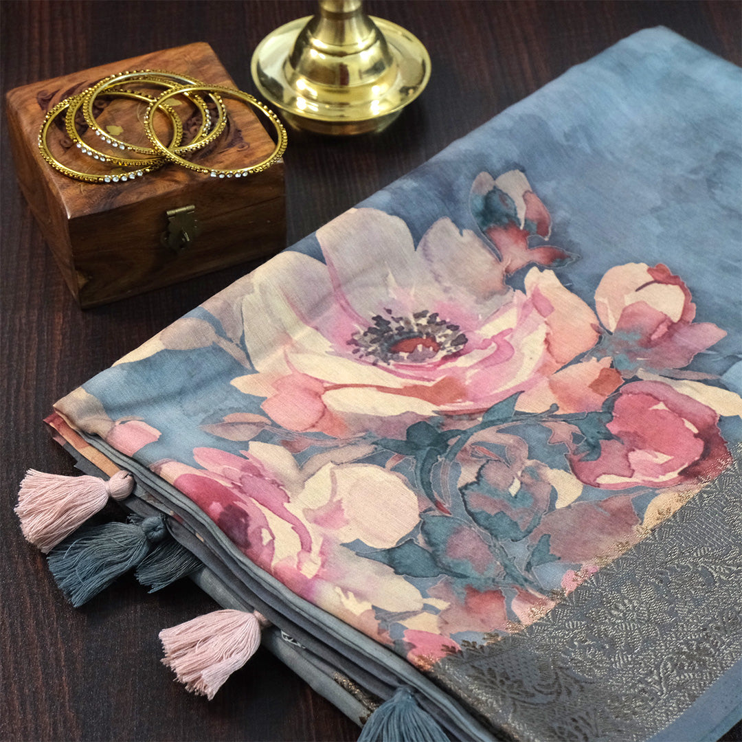 Chaithra Weave in Smoky steel grey base with floral prints