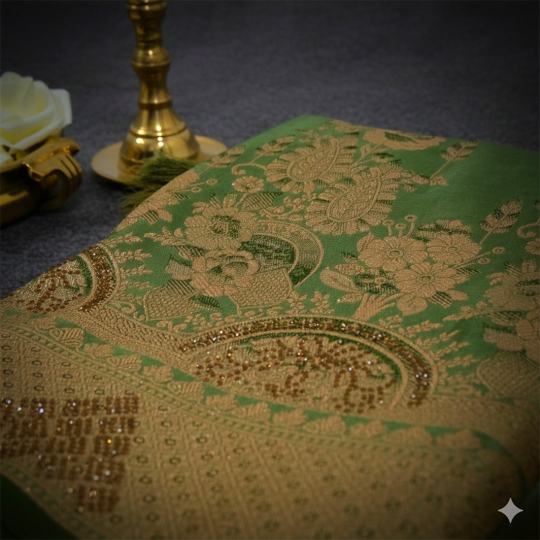 Pastel Green Madhur Sangam Silk saree with Gold - Silver Zari