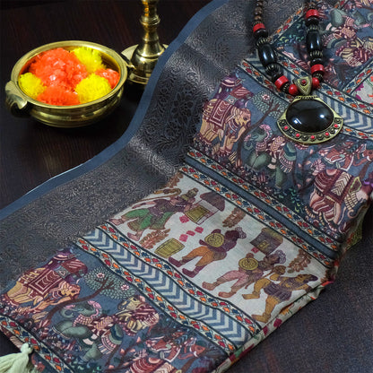 Kavya Loom in Charcoal - Grey Base with Kalamkari style prints