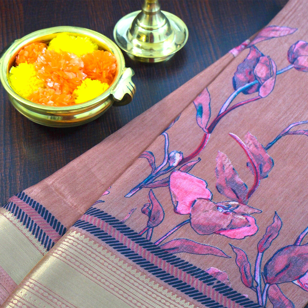 Kusum Silk in Warm Coffee Brown Base with floral prints