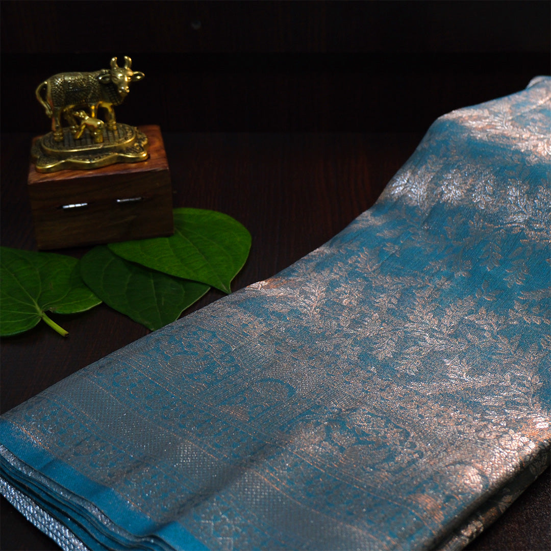 Thara Silk in Turquoise Blue Base with Floral works