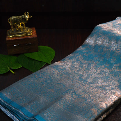 Thara Silk in Turquoise Blue Base with Floral works