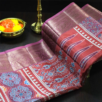 Tanvi in Multicoloured patterns in Rich Maroon Base with hues of Blue, White and Orange