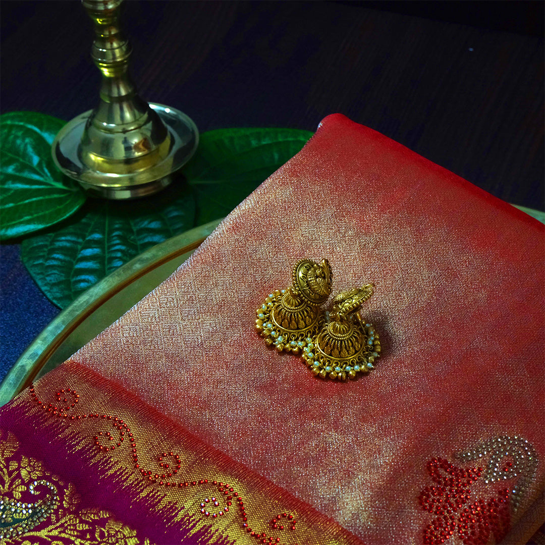 Silk Tulasi in Peach - Gold base with Rich Maroon border