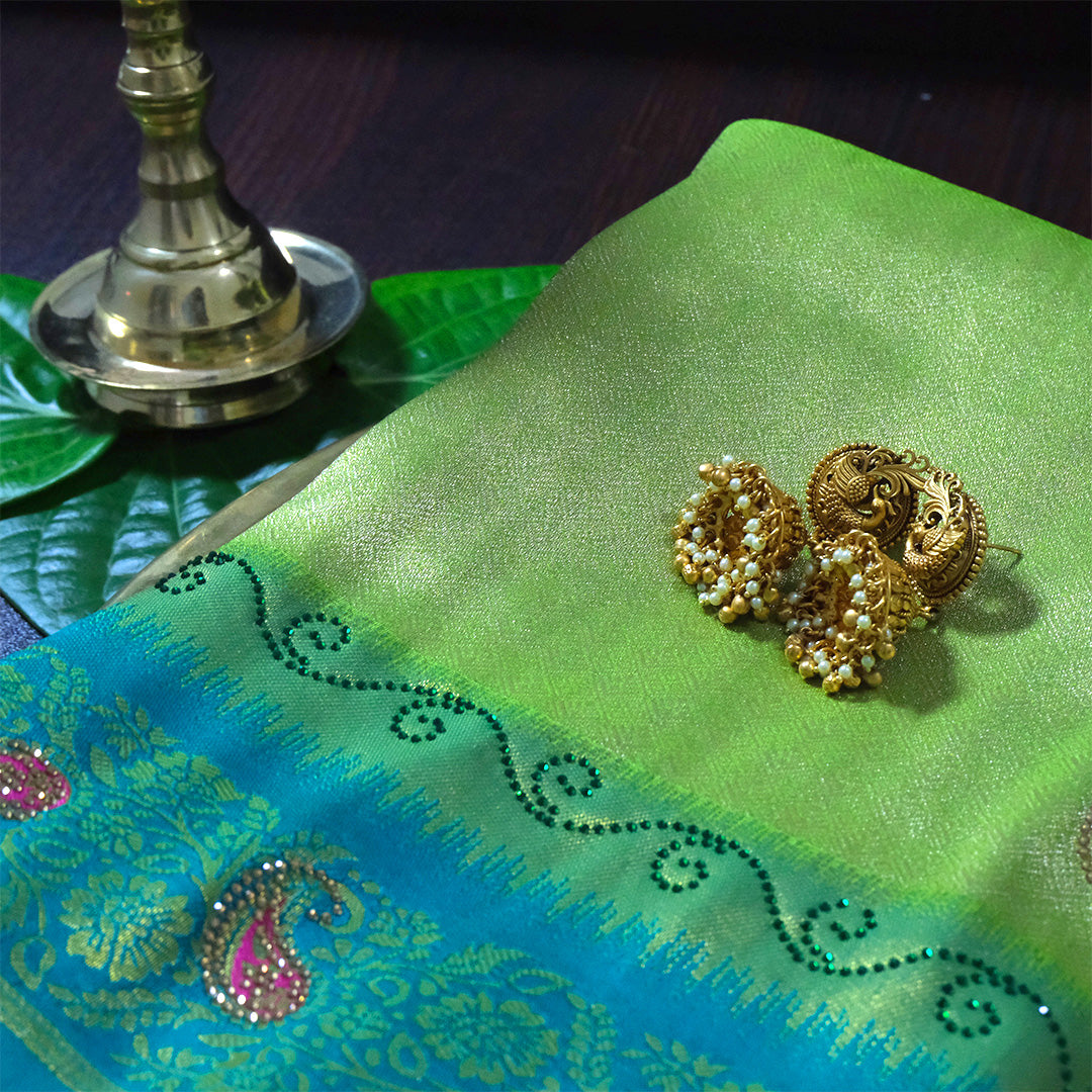 Silk Tulasi in Radiant Light Green with Teal Blue border