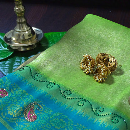 Silk Tulasi in Radiant Light Green with Teal Blue border
