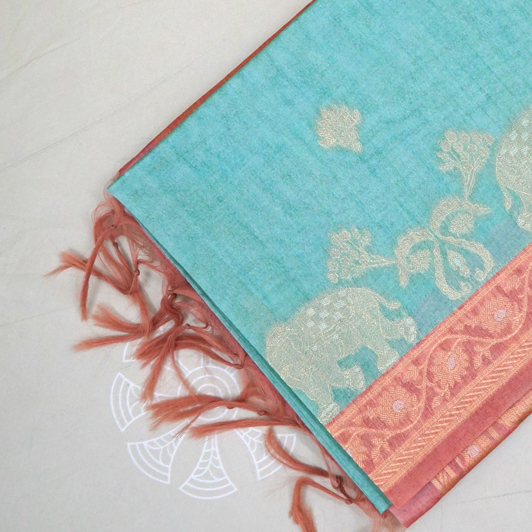 Aqua Blue Ambari Tussar with Rust border
