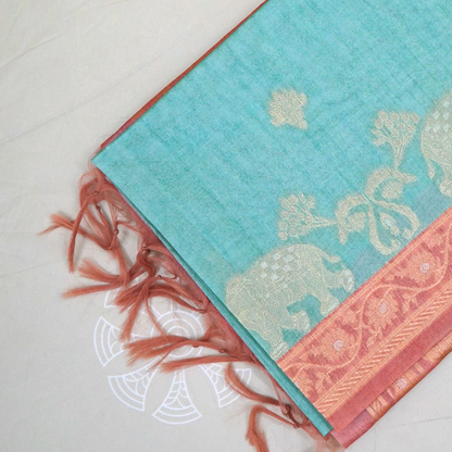Aqua Blue Ambari Tussar with Rust border