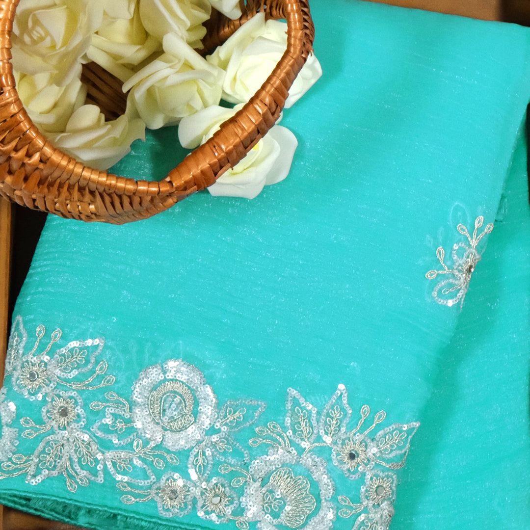 PASTEL WHISPERS - Aqua Blue Designer Chiffon Saree with Floral Buttas and Silver Zari works