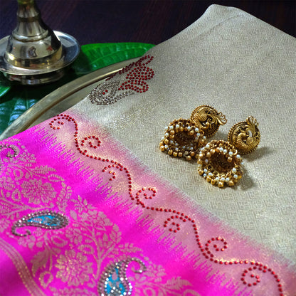 Silk Tulasi in Golden Beige Base with a Vibrant Pink border