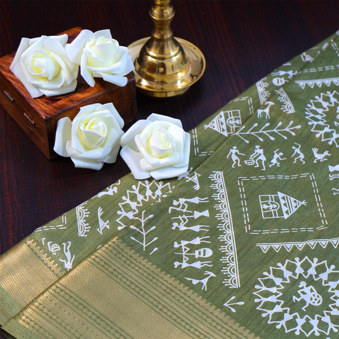 Kusum Silk in Olive Green Base with Kalamkari prints