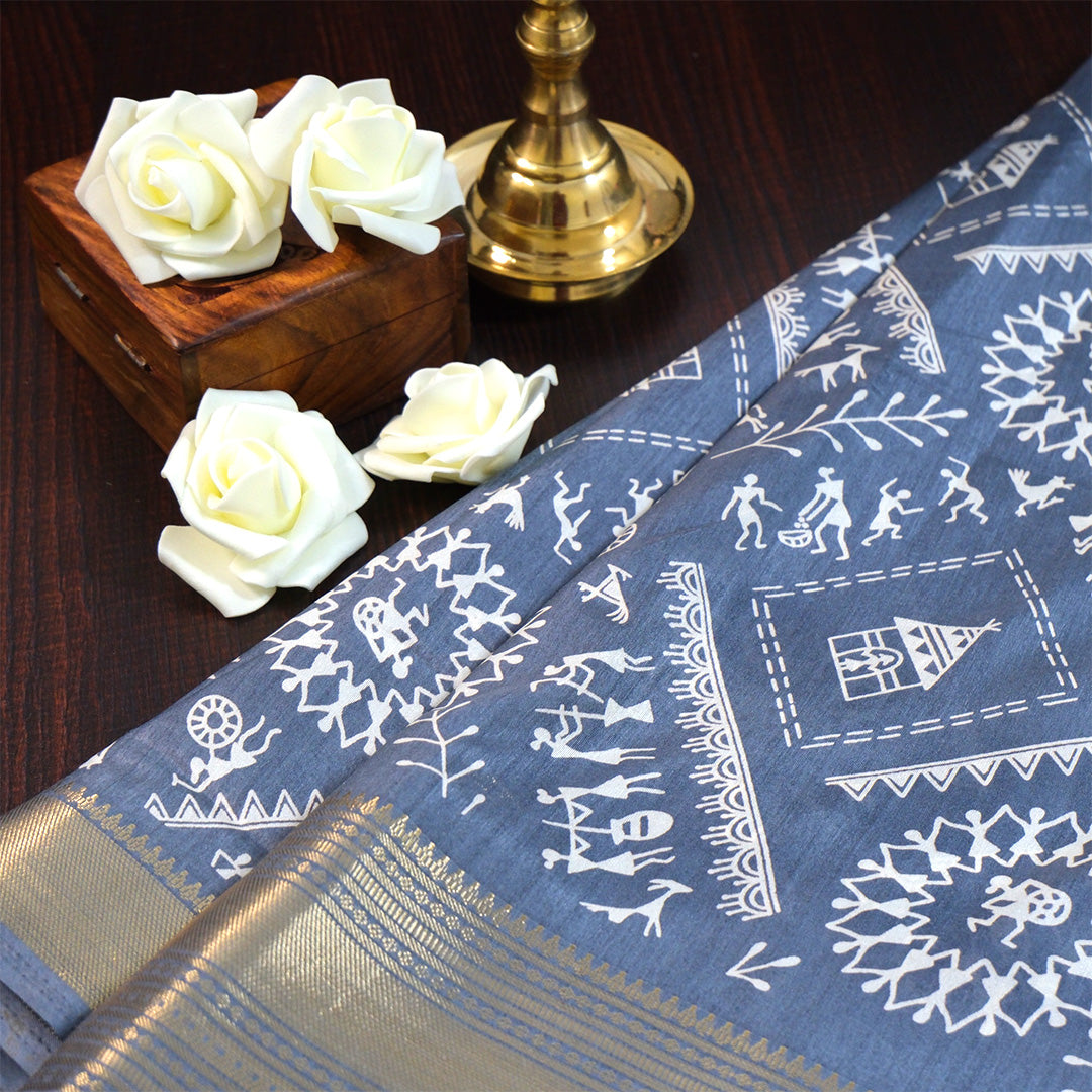 Kusum Silk in Slate Blue base with Kalamkari prints