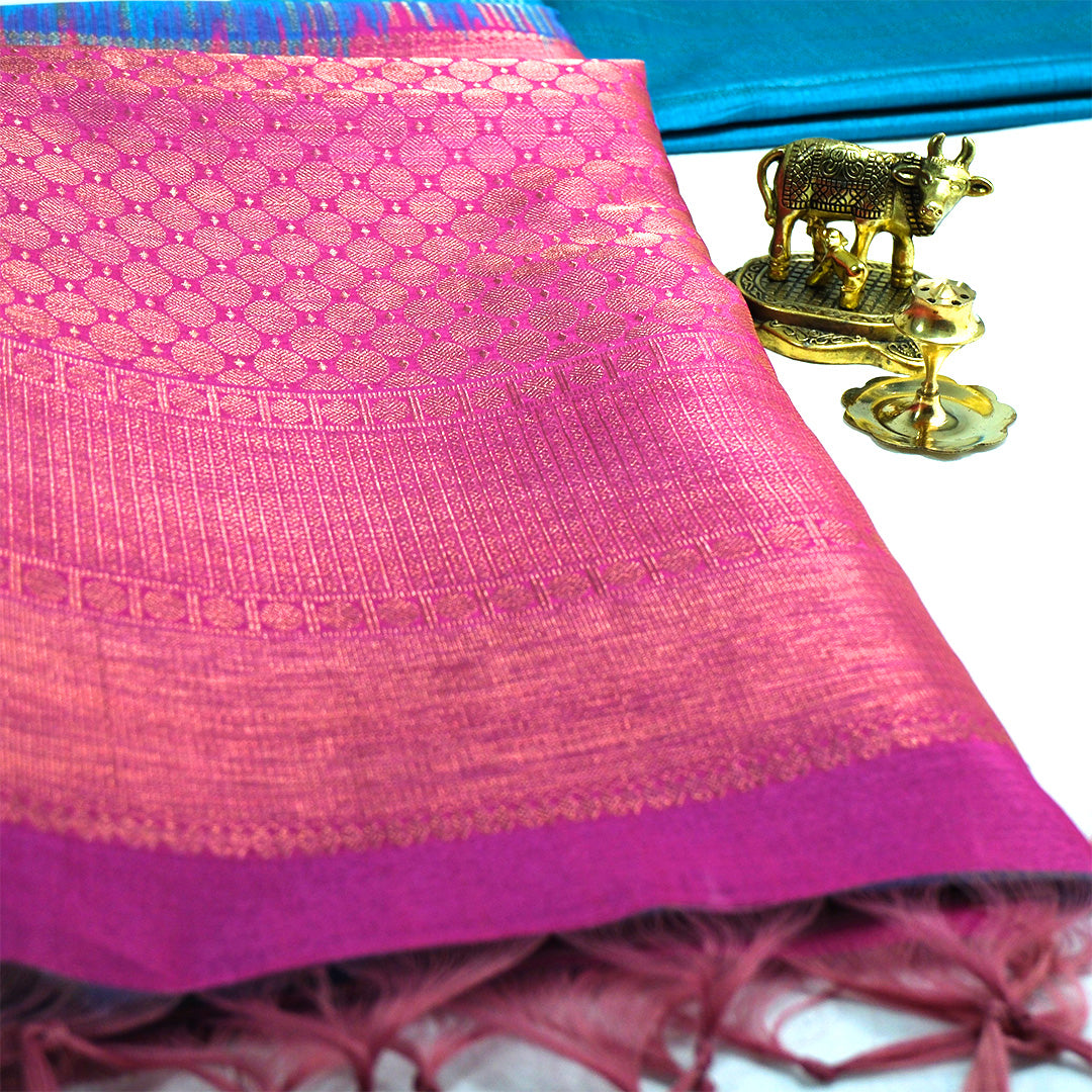Teal Blue Gokul Tussar with pink and purple border