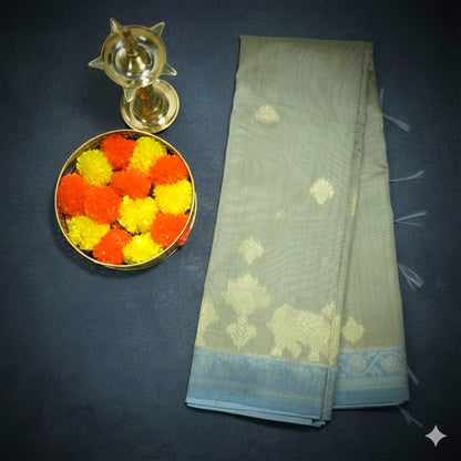 Olive Green Ambari Silk saree with Floral and Zari works