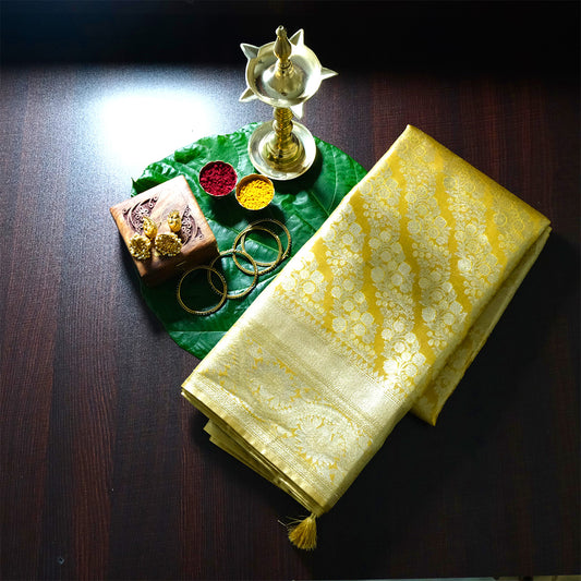 Mayuri Drape in radiant golden yellow shade with a rich, lustrous silk finish