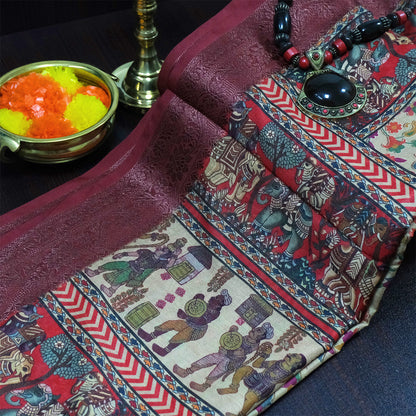 Kavya Loom in Deep Maroon Base with Kalamkari style prints