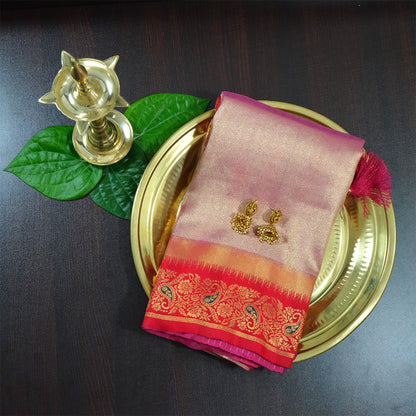 Silk Tulasi in Peach - Pink Base with Vibrant Red border