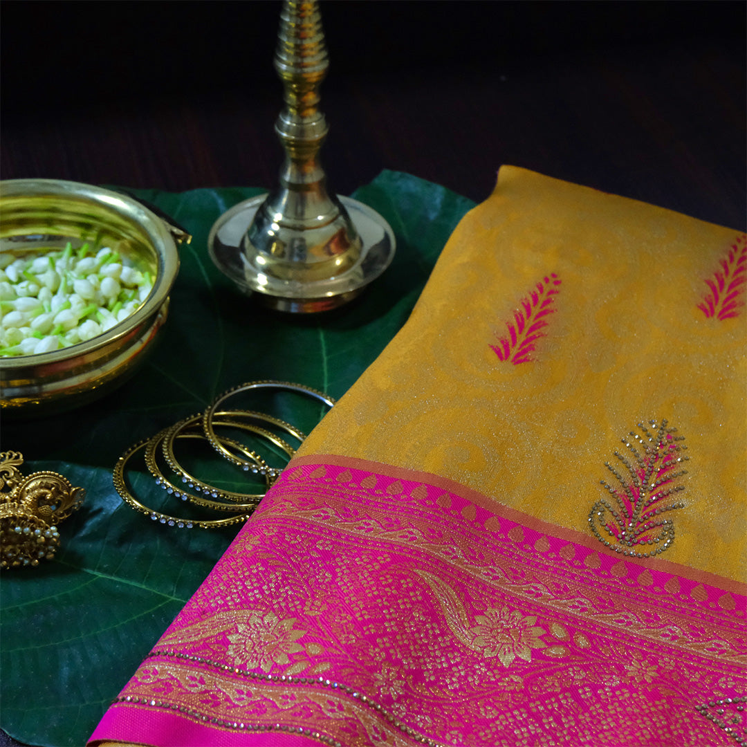 Madhur Bela Rich mustard yellow shade with a golden undertone.