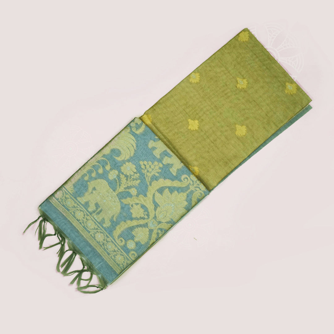 Olive Green Ambari Silk Tussar with Floral and Zari works