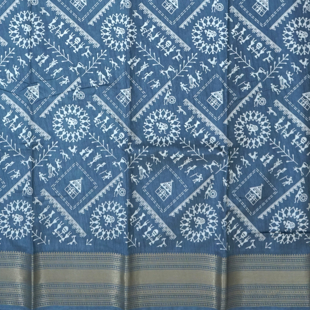 Kusum Silk in Slate Blue base with Kalamkari prints