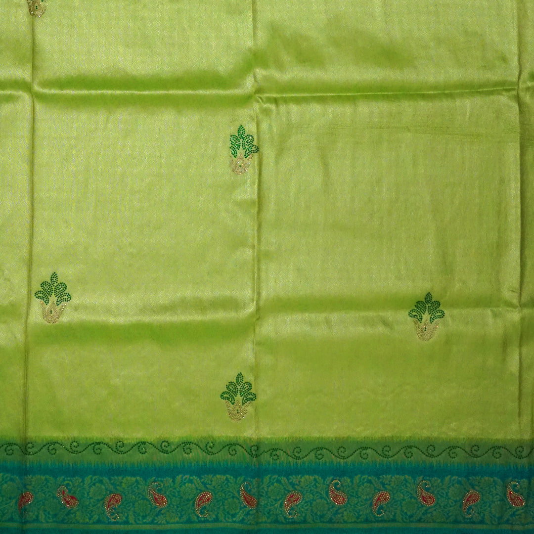 Silk Tulasi in Radiant Light Green with Teal Blue border