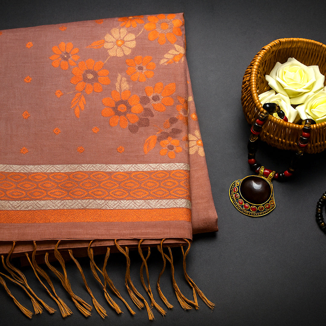 Olive green Palayam Silk Tussar with Copper and Mauve border