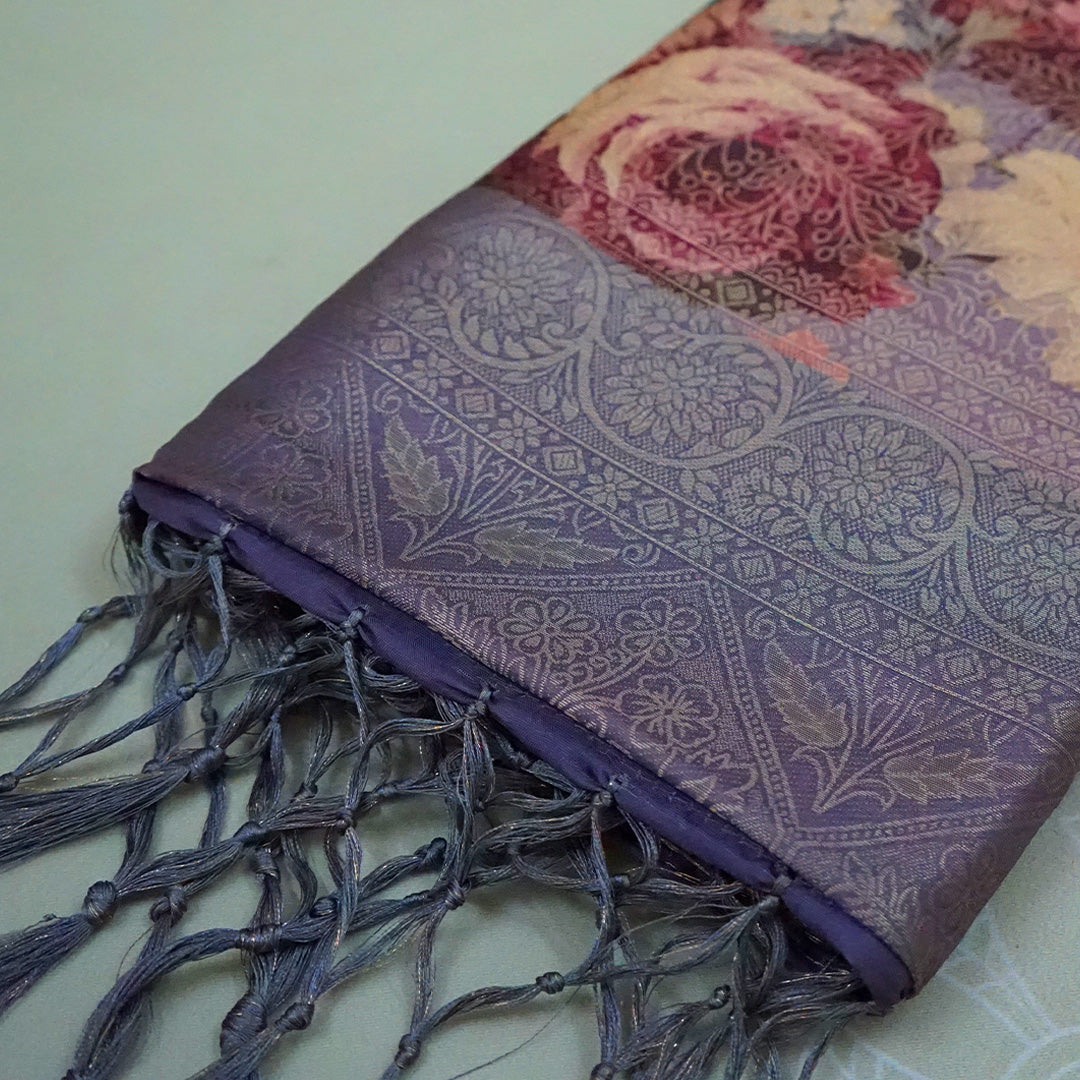 Silk Satin Soft lavender-grey shade with a floral pattern in hues of cream, beige, and deep mauve.