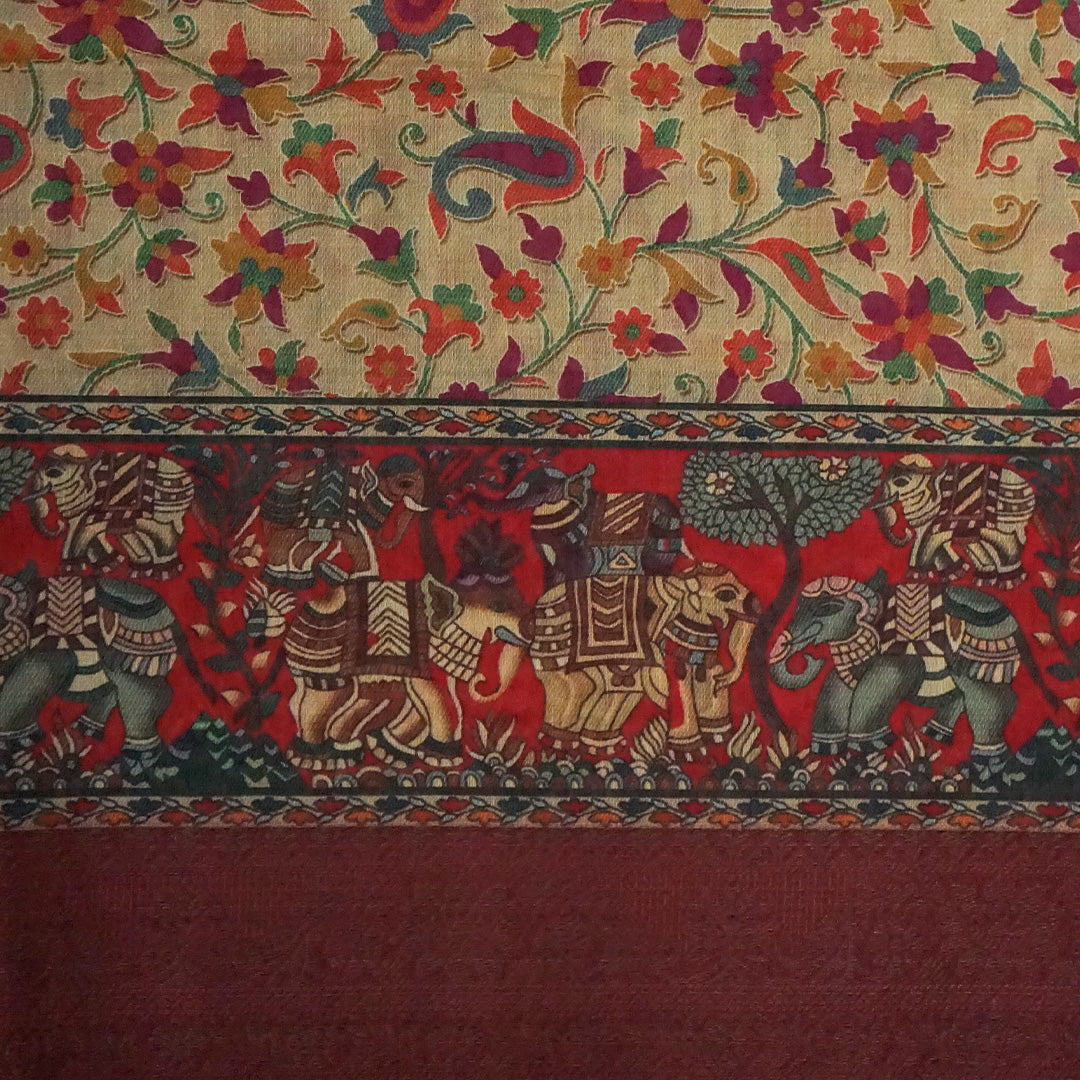 Kavya Loom in Deep Maroon Base with Kalamkari style prints