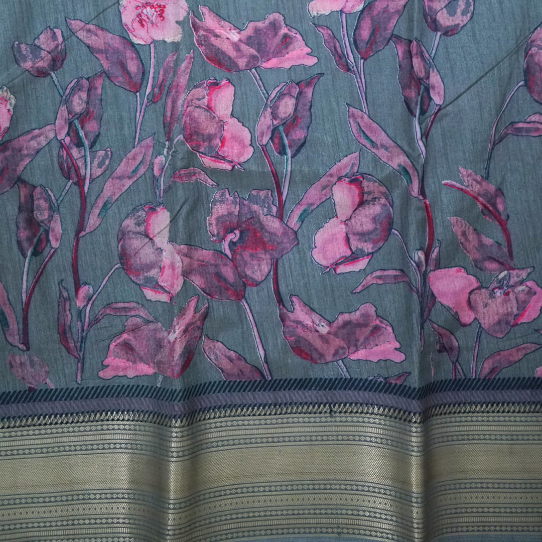 Kusum Silk in Slate Teal Base with Floral prints