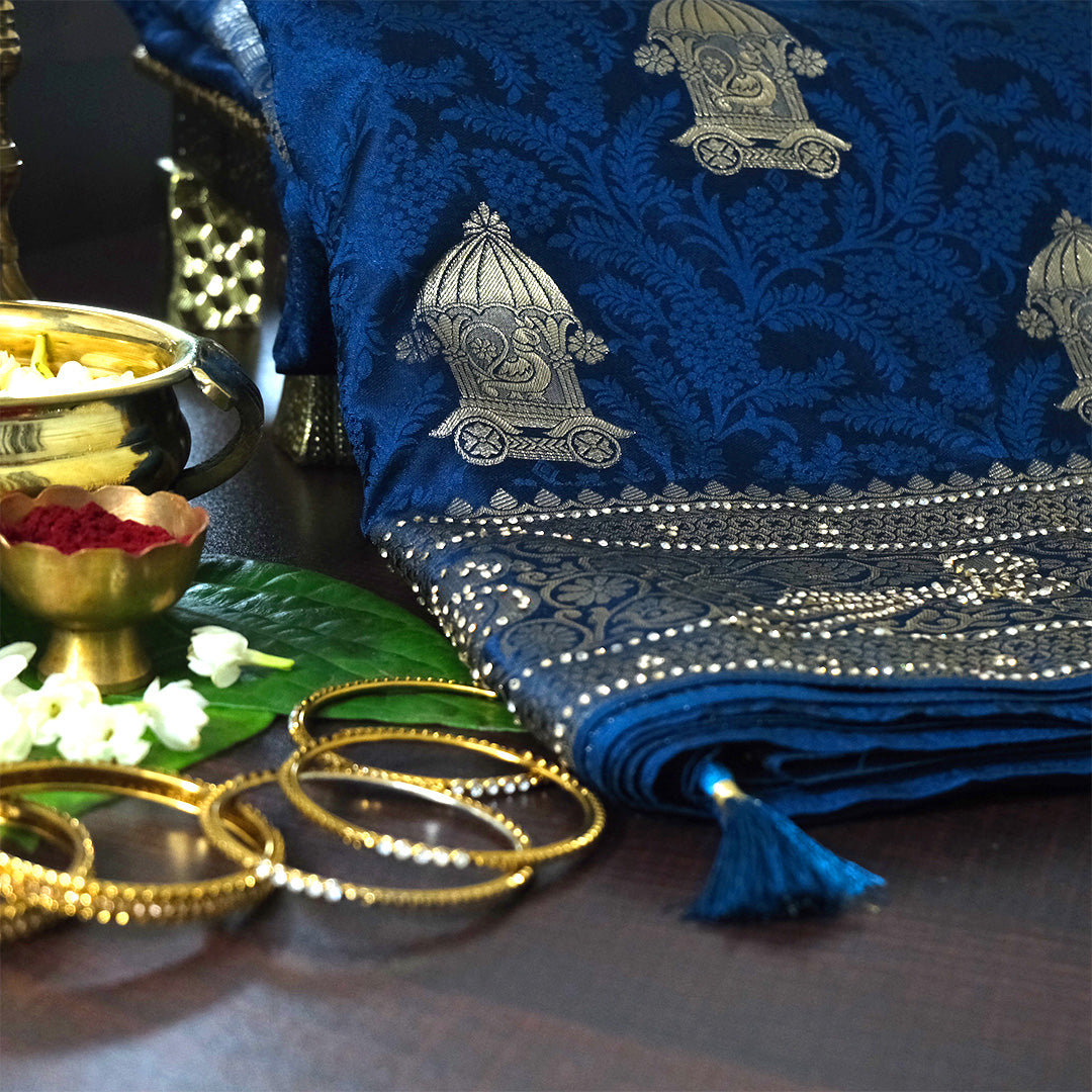 Royal Ratha Banarasi Silk in rich royal blue shade, beautifully complemented with silver zari motifs