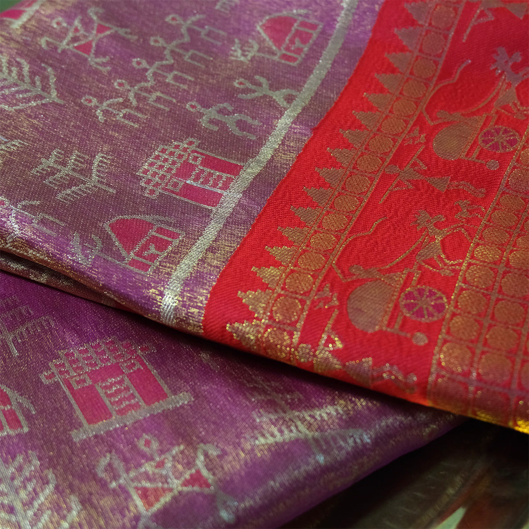 Crimson Red Stravi Silk with lavender - pink pallu and Gold Zari