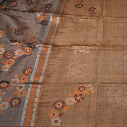 Warm brown Palayam Silk Tussar with soft grey border