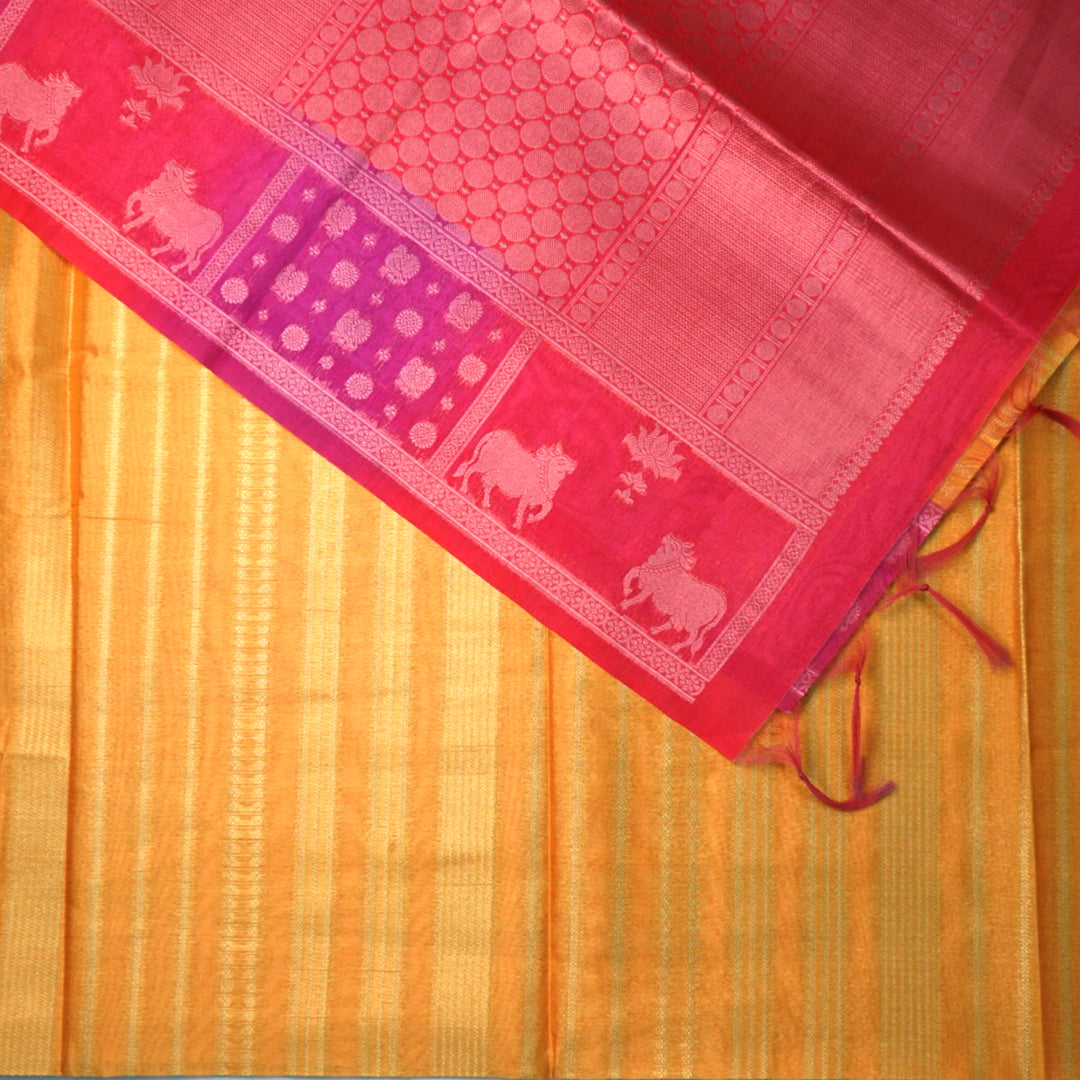 Mustard yellow Gokul Tussar with pink border